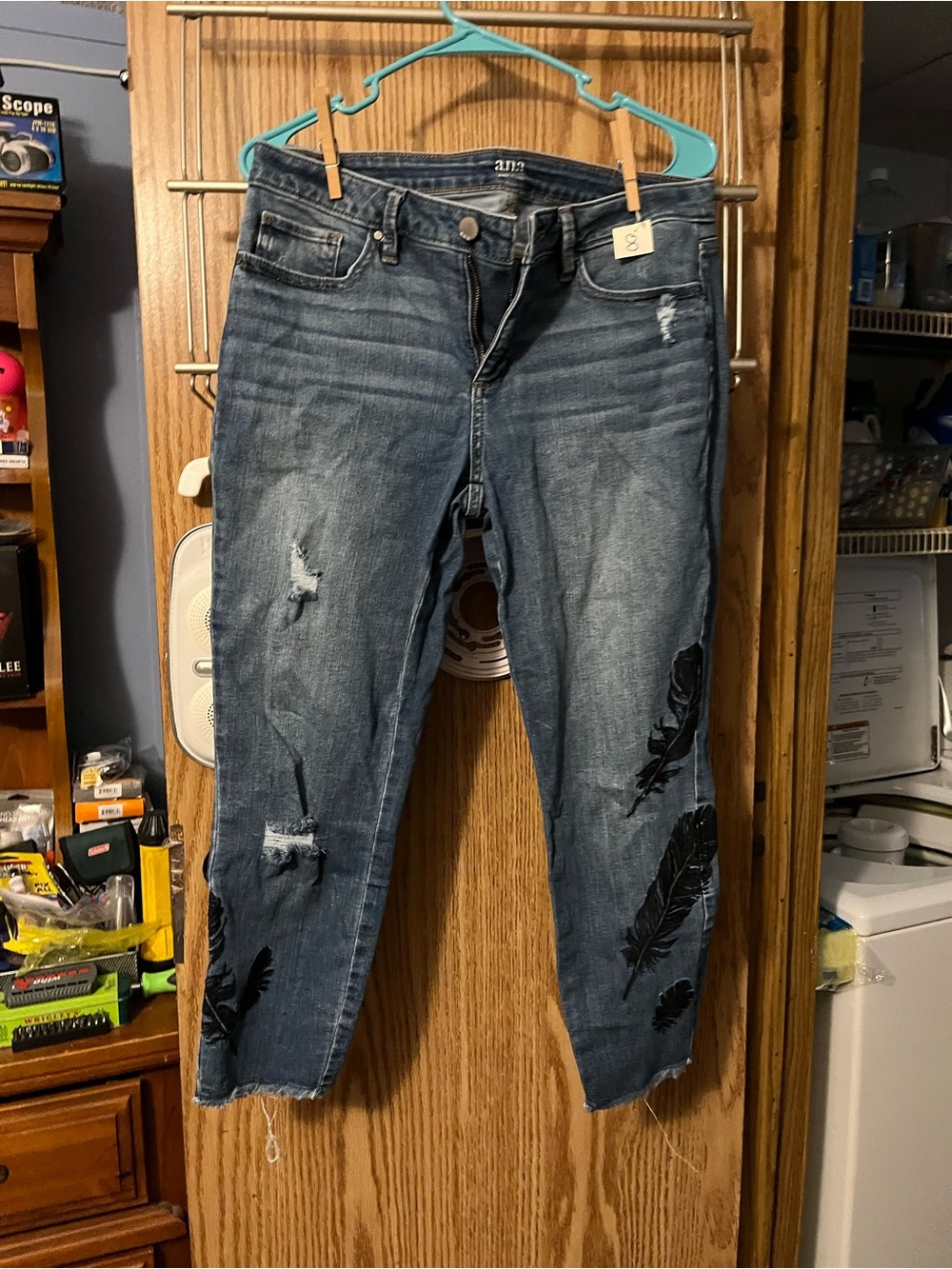 a.n.a Dark Blue Distressed Capris with Black Feather Appliqué